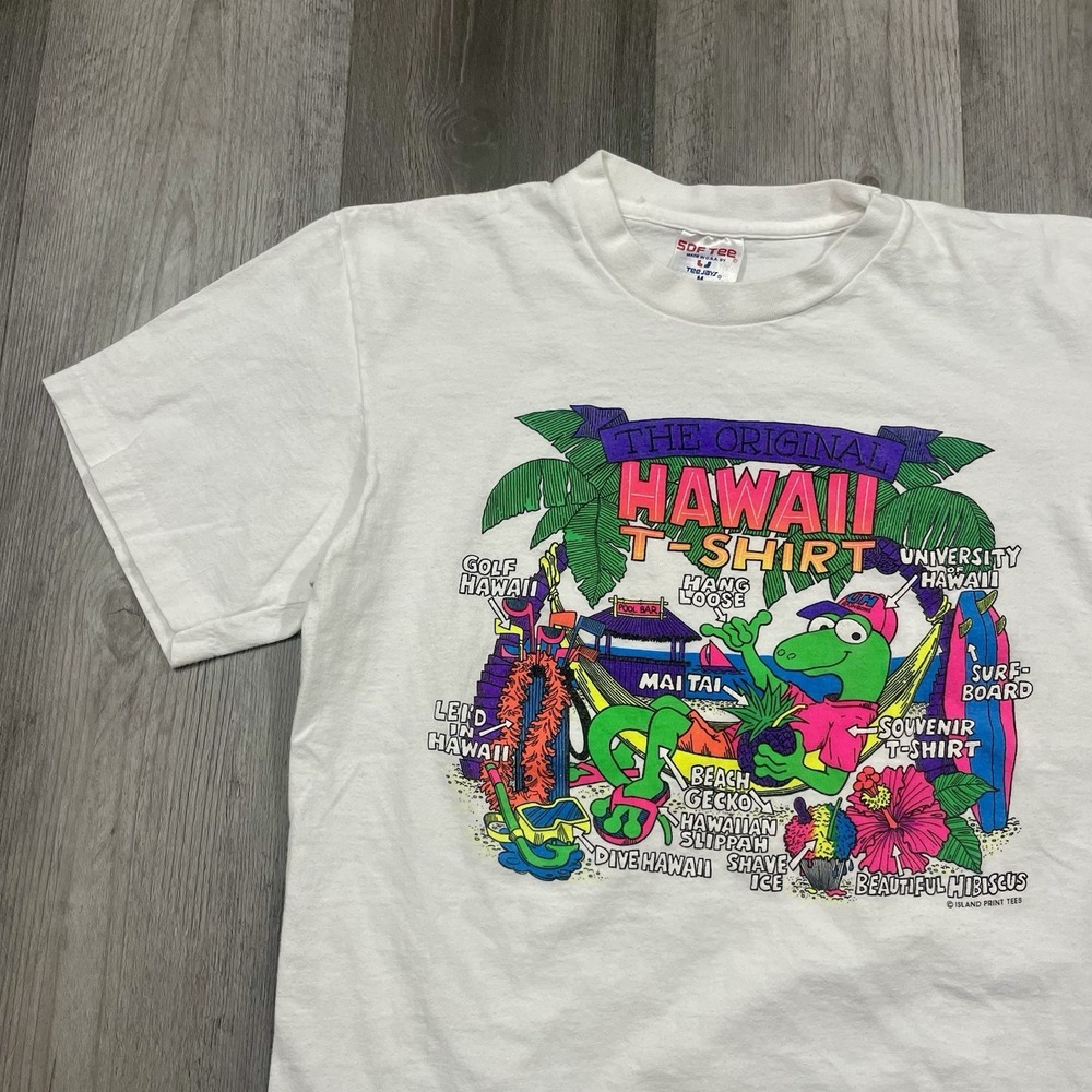 VTG 90s Hawaii Gecko Sz Medium Island Print Tees Vacation‎ Funny Animal Tshirt